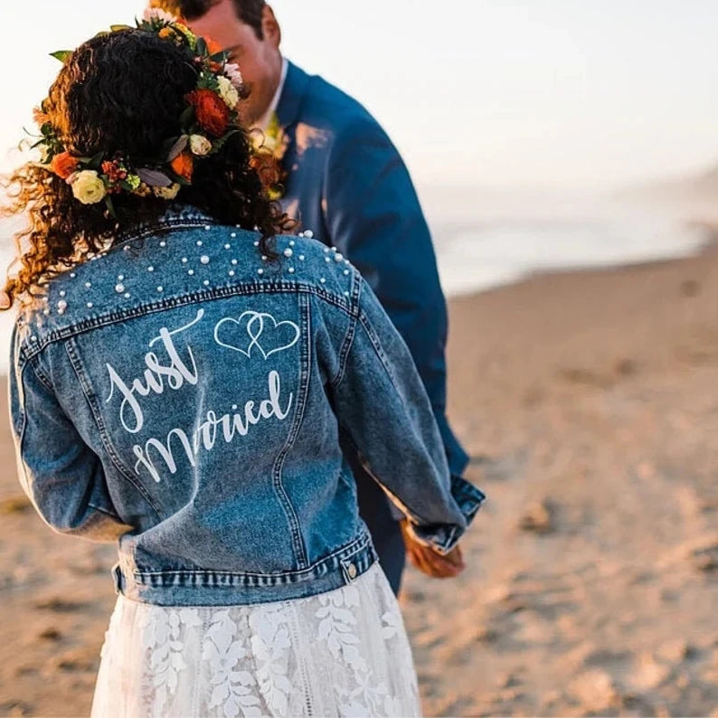 Mrs Denim Jacket with Pearls Personalized Jean Jacket Bride Jacket Wedding Jacket Gift For Bride Just Married Jacket I m Getting Married