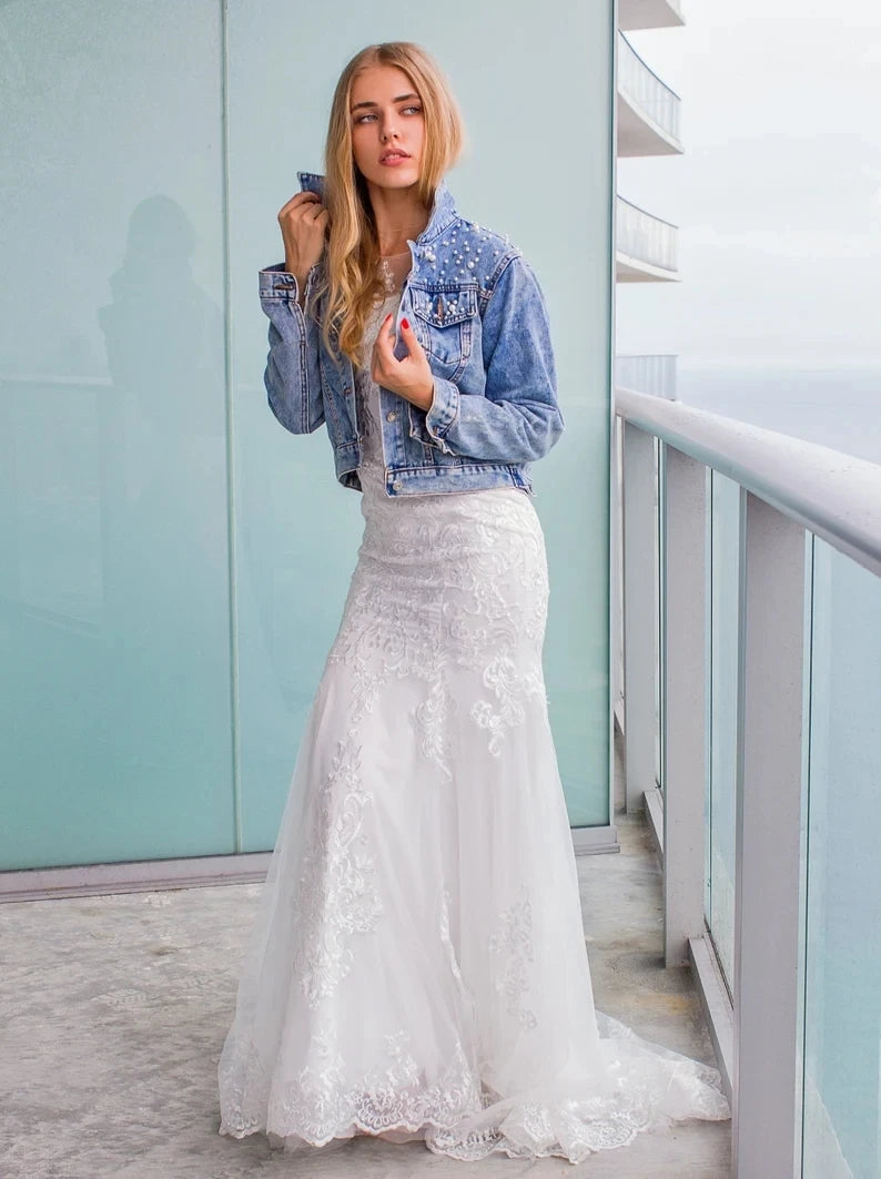 Denim jacket over wedding dress hotsell