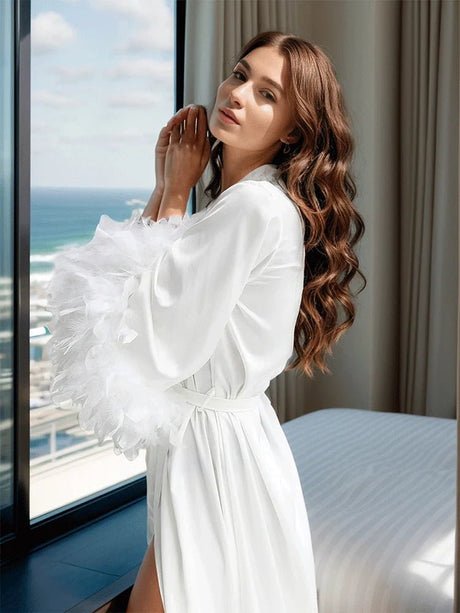 Elegant Wedding Day Bridal Robe with Feather Trim - Best Selling - I'm Getting Married