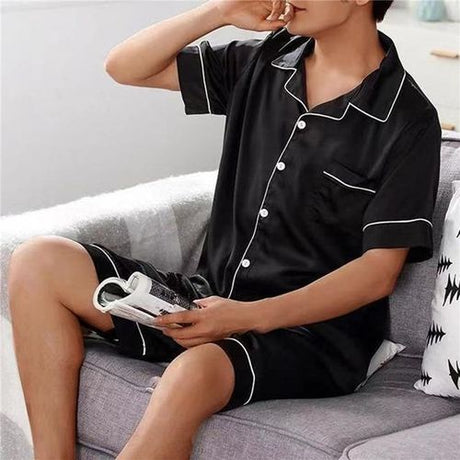 Men's Satin Pyjama Short Sleeve Set in Navy Blue or Black - I'm Getting Married
