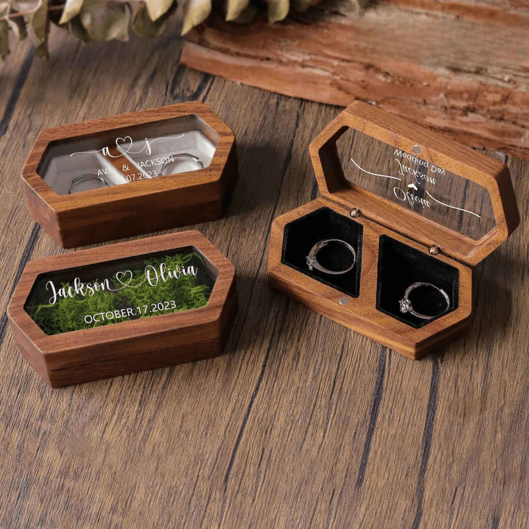 Personalised Walnut Wooden Ring Box - Custom Engraved Engagement - I'm Getting Married