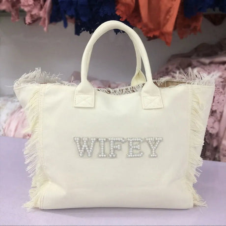 Personalized Bride Tote with Rhinestone Pearl Letters - I'm Getting Married