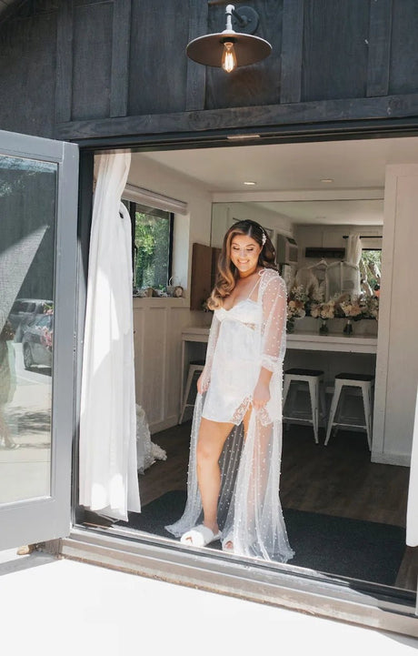 White Boudoir Pearl Robe Long Silk Robe for Wedding Day - I'm Getting Married